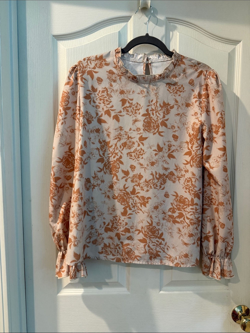 Womens Floral Ruffle Neck Blouse - Cream & Brown